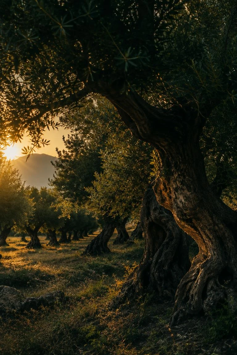 درخت کهنسال زیتون، در نور گرم باغ